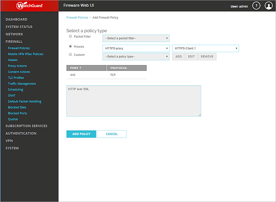 screenshot of firebox, select a policy type
